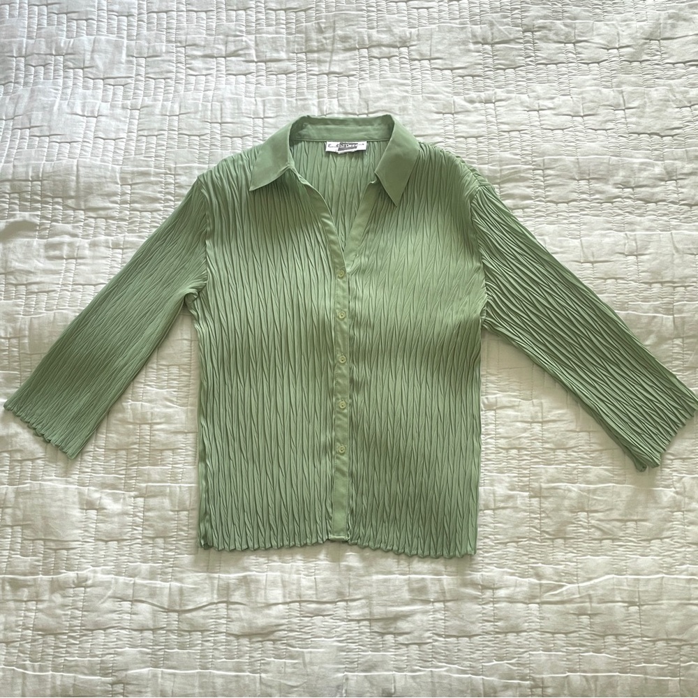Y2K Crinkle Bubble Stretch 3/4 Sleeve Button Up Blouse